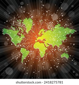 World map. Political map of the world on a bright, colorful background. Globe. Sun rays. Bright yellow, blue, red, orange, green color explosive background. Vector illustration.