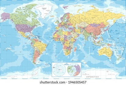 World Map Political and The Poles - Vector Detailed Illustration