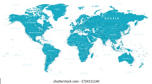 World Map Political - vector illustration. Highly detailed map of the world: countries, cities, water objects