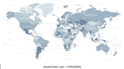 World Map Political - vector illustration. Highly detailed map of the world: countries, cities, water objects