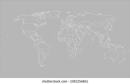 World map political white outline vector. Gray background.