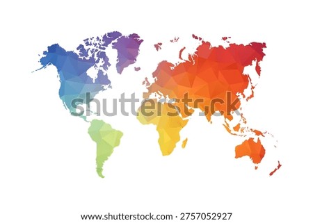 World Map - Polygon Style Vector Illustration in Rainbow Gradient, Low Poly Multicolor Geometric Design, Isolated on White Background, Suitable for Reports, and Creative Projects.