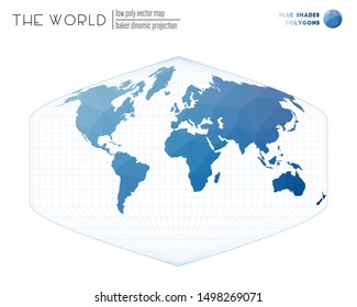 World map in polygonal style. Baker Dinomic projection of the world. Blue shades colored polygons. Contemporary vector illustration.