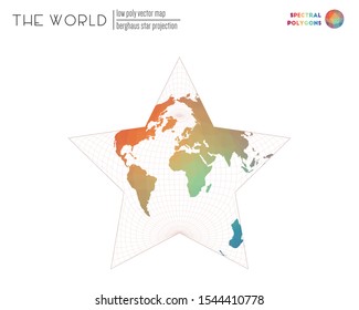 World map in polygonal style. Berghaus star projection of the world. Spectral colored polygons. Modern vector illustration.