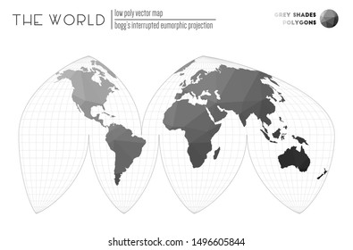 World map in polygonal style. Boggs' interrupted eumorphic projection of the world. Grey shades colored polygons. Amazing vector illustration.