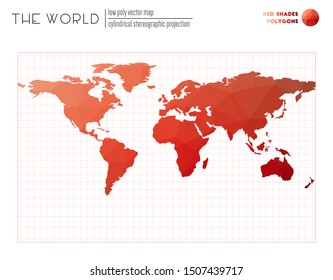 World map in polygonal style. Cylindrical stereographic projection of the world. Red shades colored polygons. Modern vector illustration.