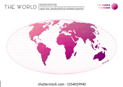 World map in polygonal style. Equal-area, pseudocylindrical Mollweide projection of the world. Red Purple colored polygons. Amazing vector illustration.
