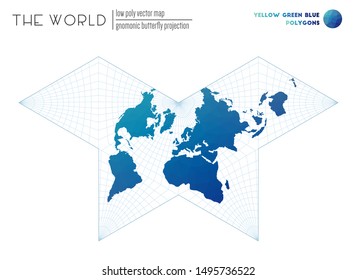 World map in polygonal style. Gnomonic butterfly projection of the world. Yellow Green Blue colored polygons. Awesome vector illustration.
