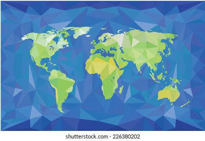 World map in polygonal style. Green on blue. Physical map