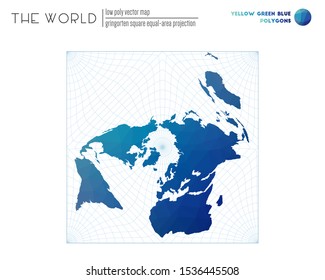 World map in polygonal style. Gringorten square equal-area projection of the world. Yellow Green Blue colored polygons. Creative vector illustration.