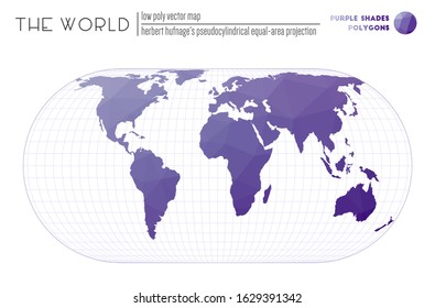 World map in polygonal style. Herbert Hufnage's pseudocylindrical equal-area projection of the world. Purple Shades colored polygons. Creative vector illustration.