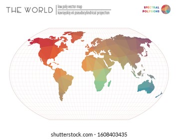 World map in polygonal style. Kavrayskiy VII pseudocylindrical projection of the world. Spectral colored polygons. Contemporary vector illustration.