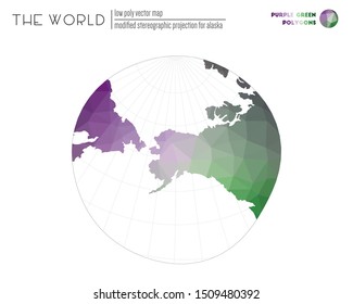 World map in polygonal style. Modified stereographic projection for Alaska of the world. Purple Green colored polygons. Contemporary vector illustration.