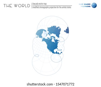 World map in polygonal style. Modified stereographic projection for the United States. Blue-shaded polygons. Modern vector illustration.