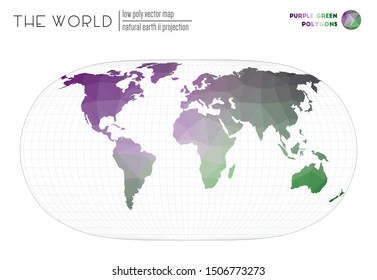 World map in polygonal style. Natural Earth II projection of the world. Purple Green colored polygons. Creative vector illustration.