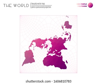 World map in polygonal style. Peirce quincuncial projection of the world. Red Purple colored polygons. Energetic vector illustration.
