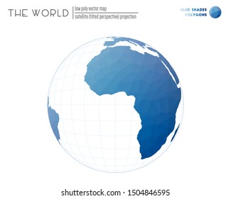World map in polygonal style. Satellite (tilted perspective) projection of the world. Blue-shaded polygons. Energetic vector illustration.