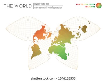 World map in polygonal style. Steve Waterman's butterfly projection of the world. Red, Yellow, Green colored polygons. Contemporary vector illustration.
