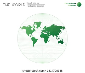 World map in polygonal style. Van der Grinten III projection of the world. Yellow-green colored polygons. Awesome vector illustration.