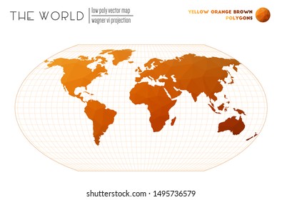 World map in polygonal style. Wagner VI projection of the world. Yellow Orange Brown colored polygons. Energetic vector illustration.