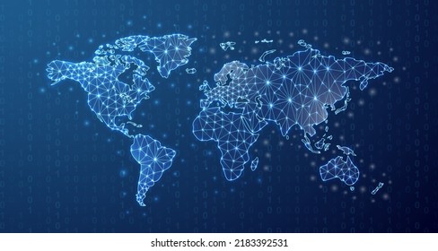 World Map polygonal symbol with binary code background. Travel concept design illustration. Blue Earth planet low poly symbol with connected dots