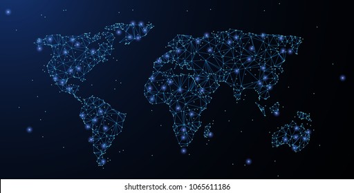 World map. Polygonal wireframe mesh looks like constellation on blue night sky with dots, stars. Travel, internet, Earth or other concept illustration or background