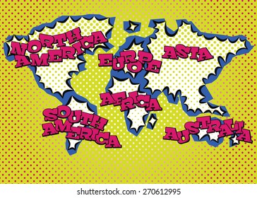 World map in pop art style, silk print dots and special lettering.