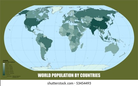 World map with population number. Maps are made in Robinson World projection, with central meridian at E11.