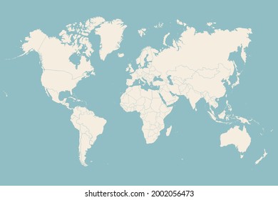 World map. Poster of world, earth map with countries, isolated silhouettes of countries on blue background. White and gray blue color hand-drawn poster world map. Vector Illustration