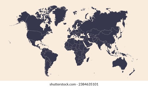 Mapa mundial. Afiche del mundo, mapa de la tierra con los países, siluetas aisladas de países de fondo azul. Mapa del mundo de afiches dibujados a mano en blanco y gris. Ilustración vectorial