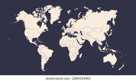 Mapa mundial. Afiche del mundo, mapa de la tierra con los países, siluetas aisladas de países de fondo azul. Mapa del mundo de afiches dibujados a mano en blanco y negro. Ilustración vectorial