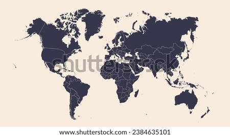 World map. Poster of world, earth map with countries, isolated silhouettes of countries on blue background. White and gray color hand-drawn poster world map. Vector Illustration