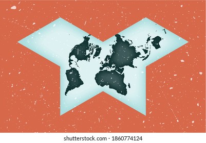 World Map Poster. Gnomonic butterfly projection. Vintage World shape with grunge texture. Modern vector illustration.