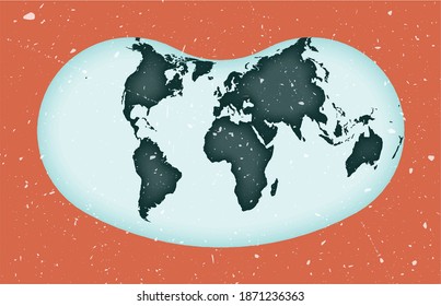 Afiche del Mapa Mundial. Proyección eucíclica de colinas. Forma de Mundo Vintage con textura gruesa. Ilustración vectorial artística.