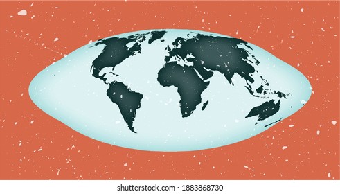 World Map Poster. Pseudocylindrical equal-area Goode homolosine projection. Vintage World shape with grunge texture. Astonishing vector illustration.