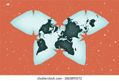 Afiche del Mapa Mundial. Proyección de mariposa de Steve Waterman. Forma de Mundo Vintage con textura gruesa. Potente ilustración vectorial.