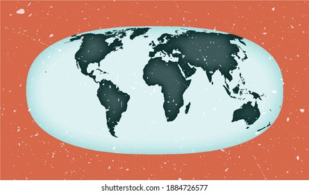 World Map Poster. Waldo R. Tobler's Hyperelliptical Projection. Vintage World Shape With Grunge Texture. Authentic Vector Illustration.