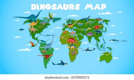 World map with prehistoric dinosaur animals and reptiles. Vector dinos of Africa, Asia, Europe, Australia and America continents. Cartoon ankylosaurus, iguanodon and allosaurus dinosaurs world map