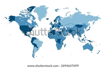 A world map is presented with all continents and countries outlined and filled with varying shades of blue. 