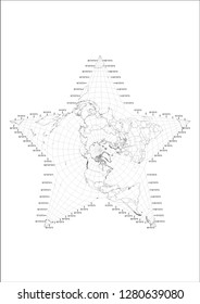 World map with projection grid (Longtitude and Latitude) - Vector. White area with black state borders. Transparent background. Berhaus Star AAG projection (Projected Coordinate System). Country.