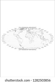 World map with projection grid (Longtitude and Latitude) - Vector. White area with black state borders. Transparent background. Flat Polar Quartic projection (Projected Coordinate System). Country.