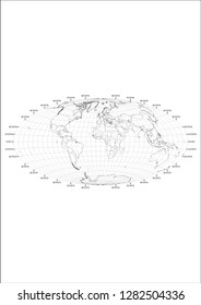 World map with projection grid (Longtitude and Latitude) - Vector. White area with black state borders. Transparent background. Aitoff projection (Projected Coordinate System). Country.