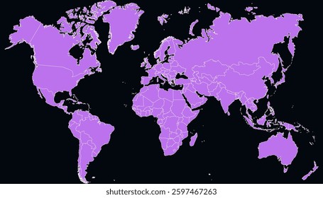 World map. Purple map. Silhouette map.