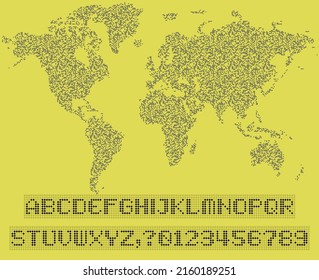 World map of QR code, led uppercase English alphabet, number, vector illustration