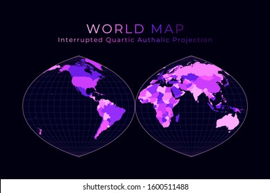 World Map. Quartic authalic projection interrupted into two hemispheres. Digital world illustration. Bright pink neon colors on dark background. Creative vector illustration.