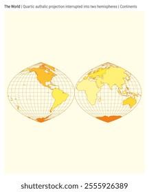 World Map. Quartic authalic projection interrupted into two hemispheres. Continents style. High Detail World map for infographics, education, reports, presentations. Vector illustration.