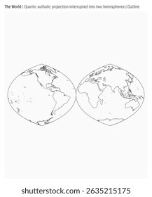 World Map. Quartic authalic projection interrupted into two hemispheres. Outline style. High Detail World map for infographics, education, reports, presentations. Vector illustration.