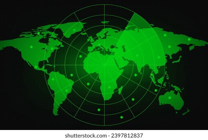 World map with a radar screen, digital green radar with targets and world map using as background and wallpaper. Futuristic circle radar style HUD, GUI, UI interface. Vector illustration