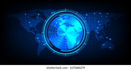 mapa mundial con pantalla de radar, radar azul digital con objetivos y mapa mundial usando como fondo y papel tapiz