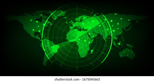 world map with a radar screen,digital green radar with targets and world map using as background and wallpaper